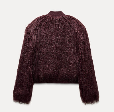 Strickjacke mit Wein-Roter Fell Optik für Damen