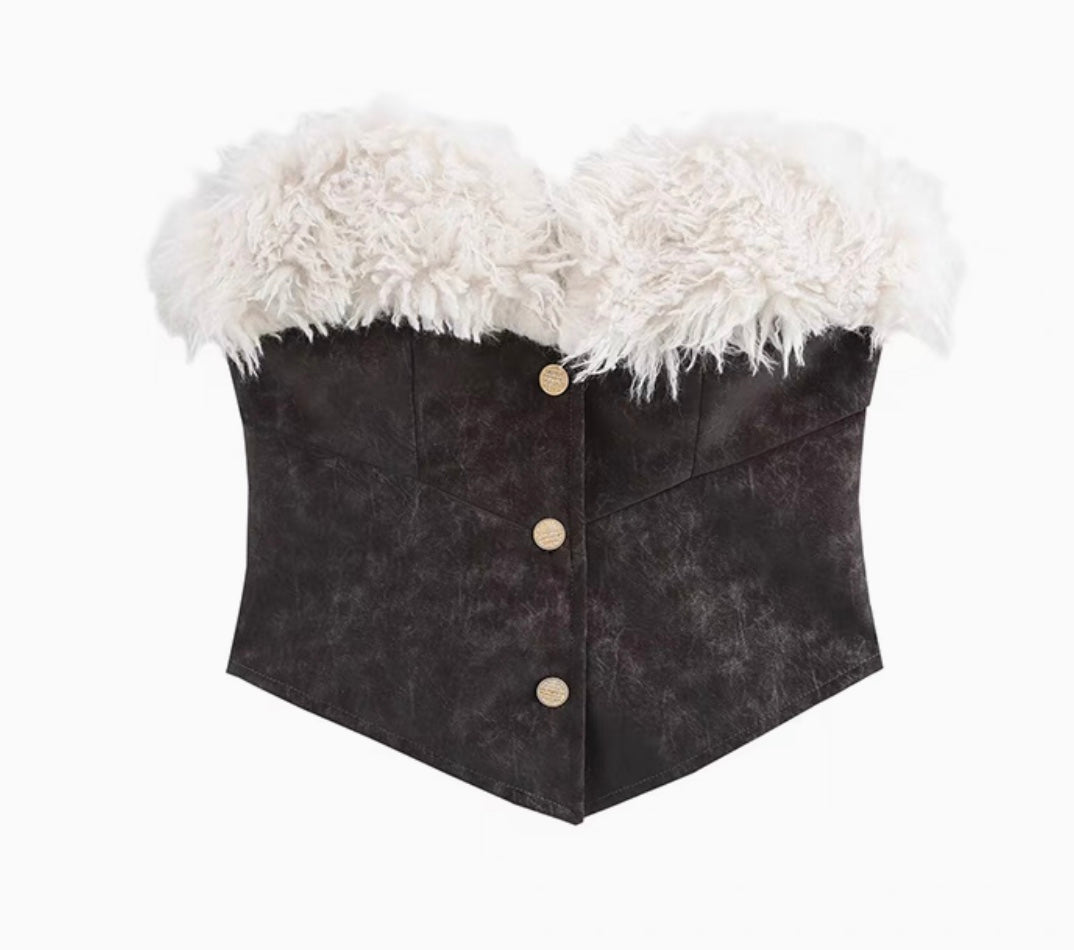 Crop Top Corset Oberteil mit Fell für Damen