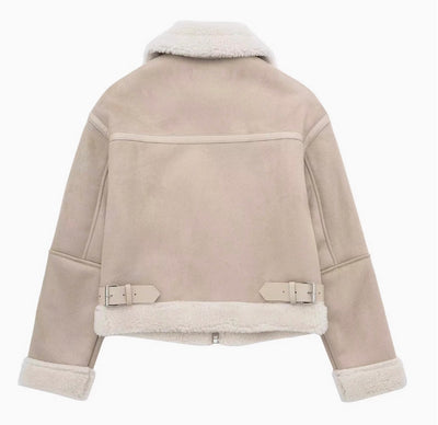 Beige Wildlederjacke mit Fellfutter für Frauen