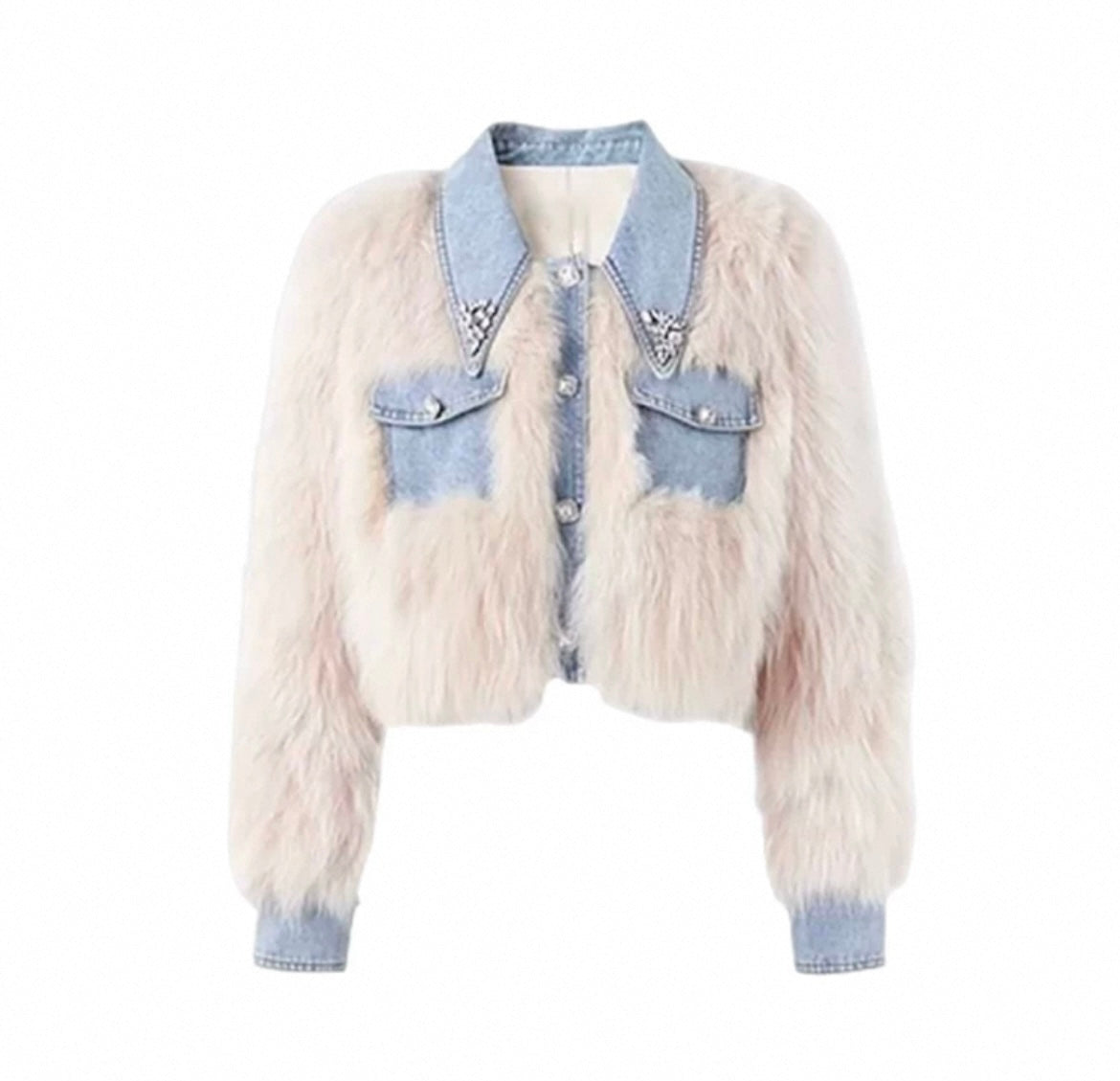 Stylische Gecroppte Denim- Fell Jacke für Frauen