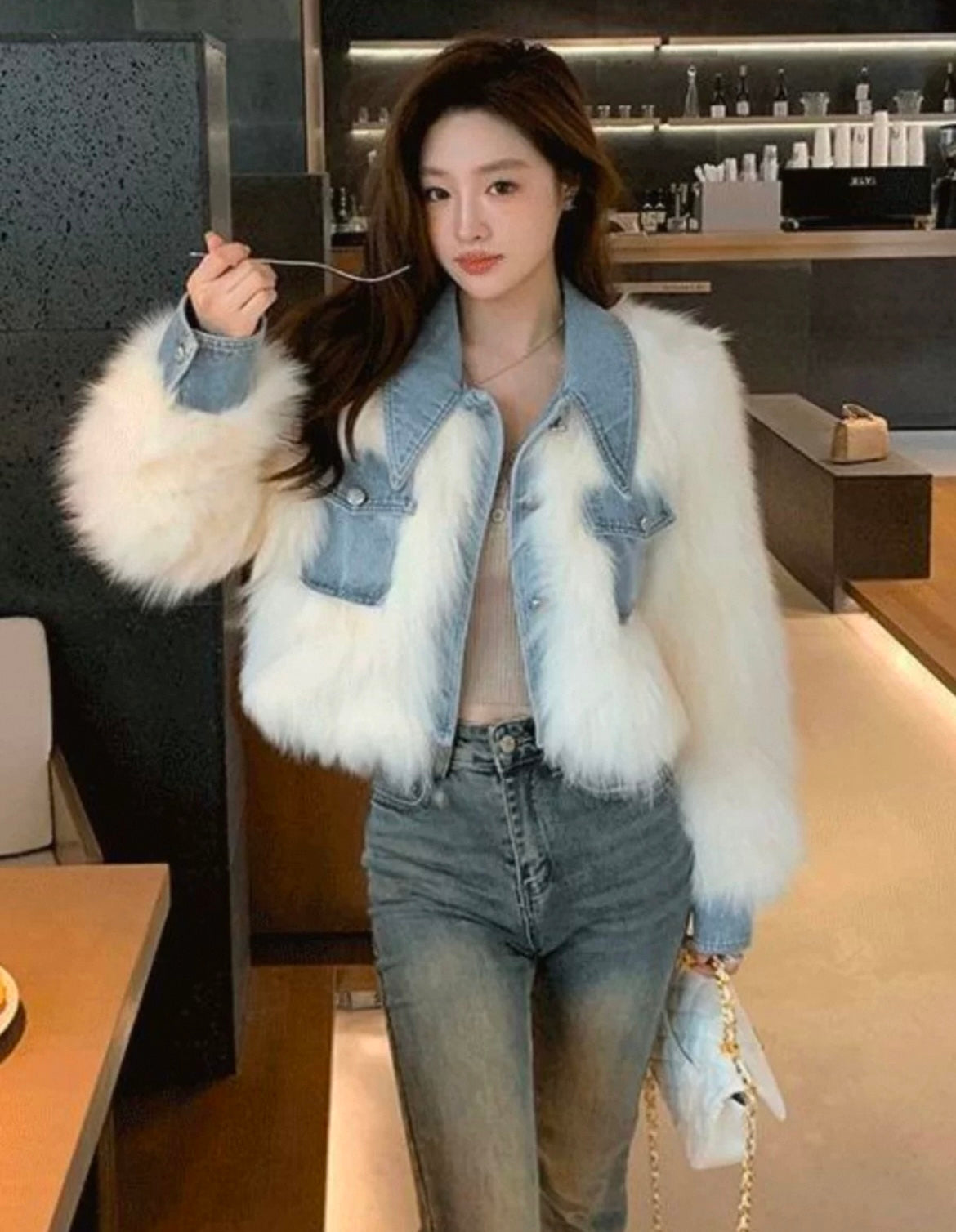 Stylische Gecroppte Denim- Fell Jacke für Frauen