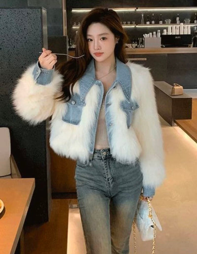 Stylische Gecroppte Denim- Fell Jacke für Frauen