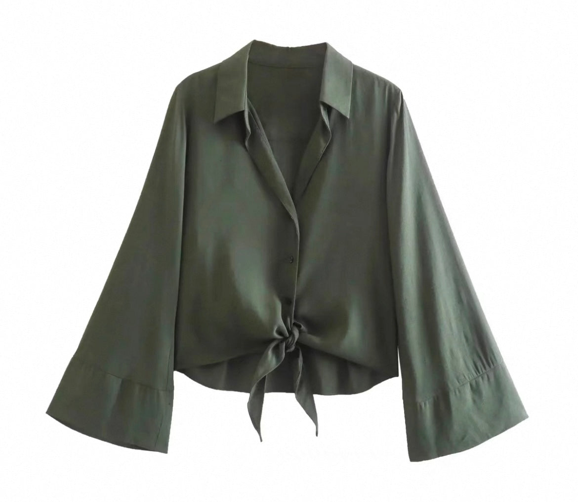 Elegantes Knotenbluse aus Leinen mit ausgestellten Ärmeln für Frauen