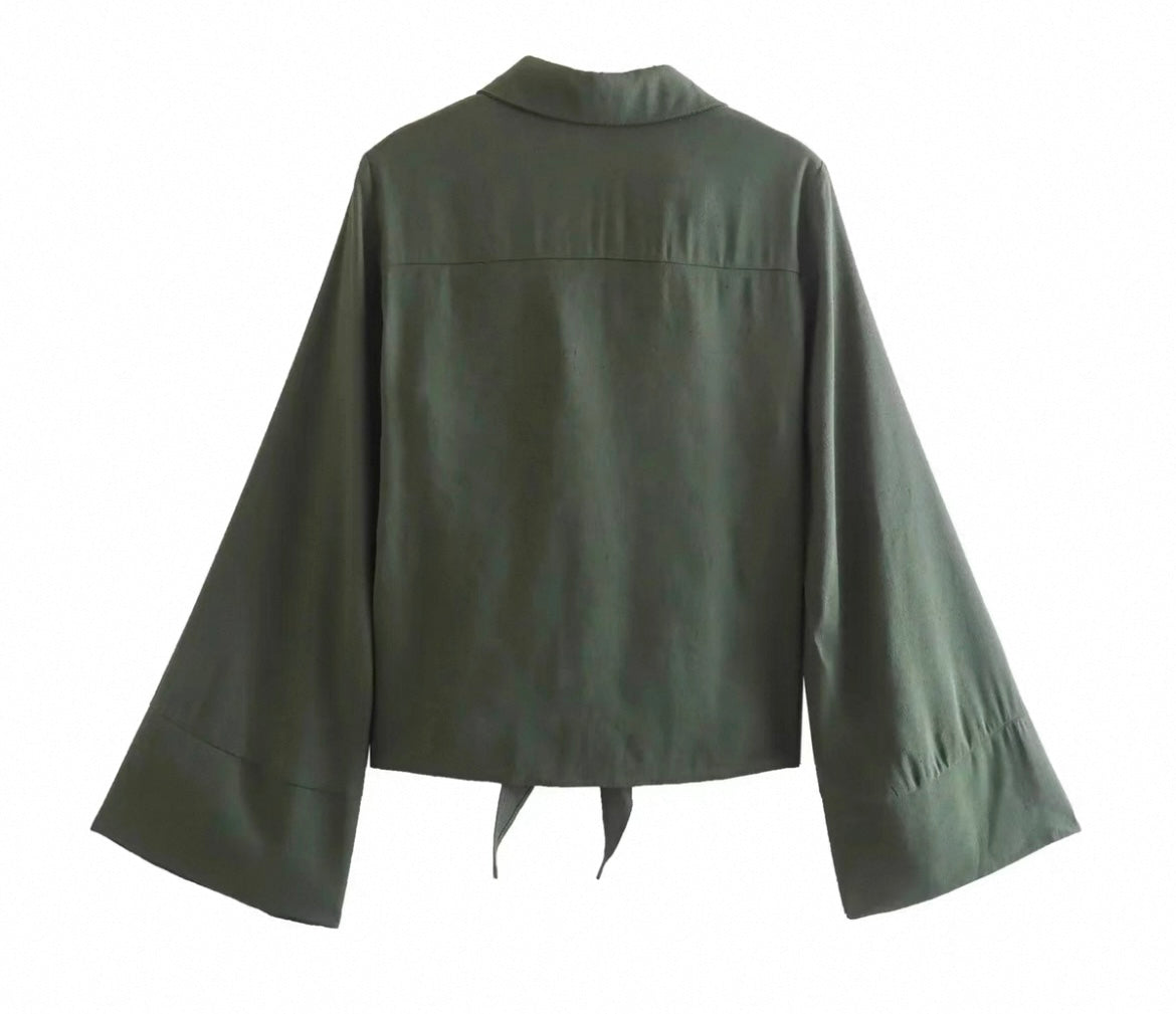 Elegantes Knotenbluse aus Leinen mit ausgestellten Ärmeln für Frauen