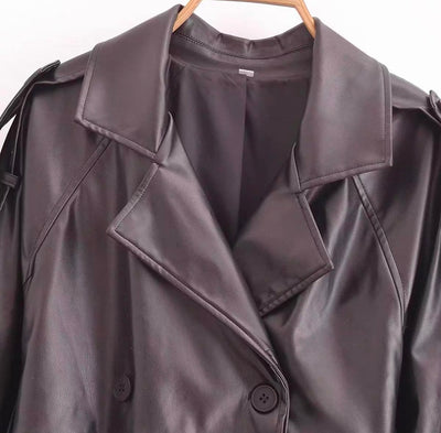 Dunkelbrauner Leder Mantel für Frauen