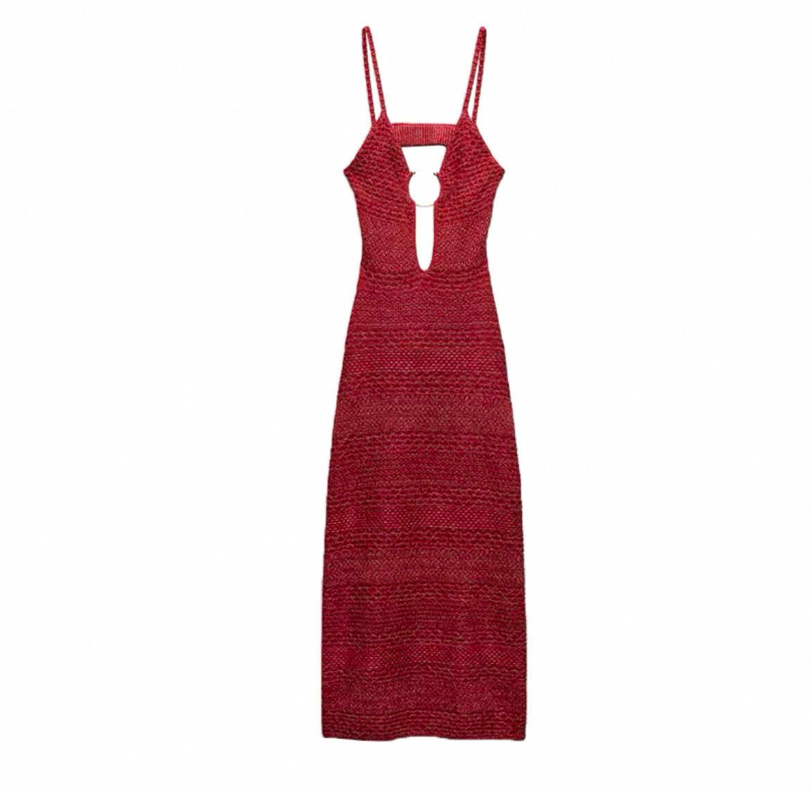 Rotes gestricktes Sommerkleid mit  Schlitzausschnit für Damen