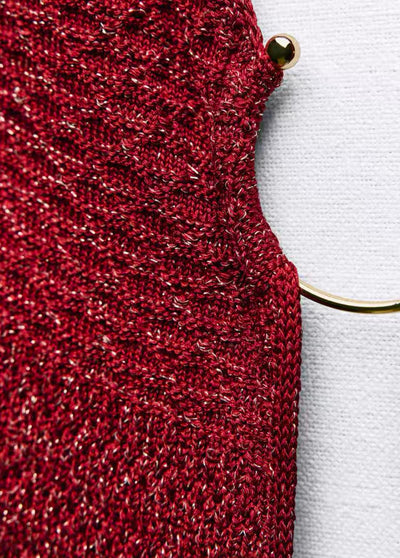 Rotes gestricktes Sommerkleid mit  Schlitzausschnit für Damen