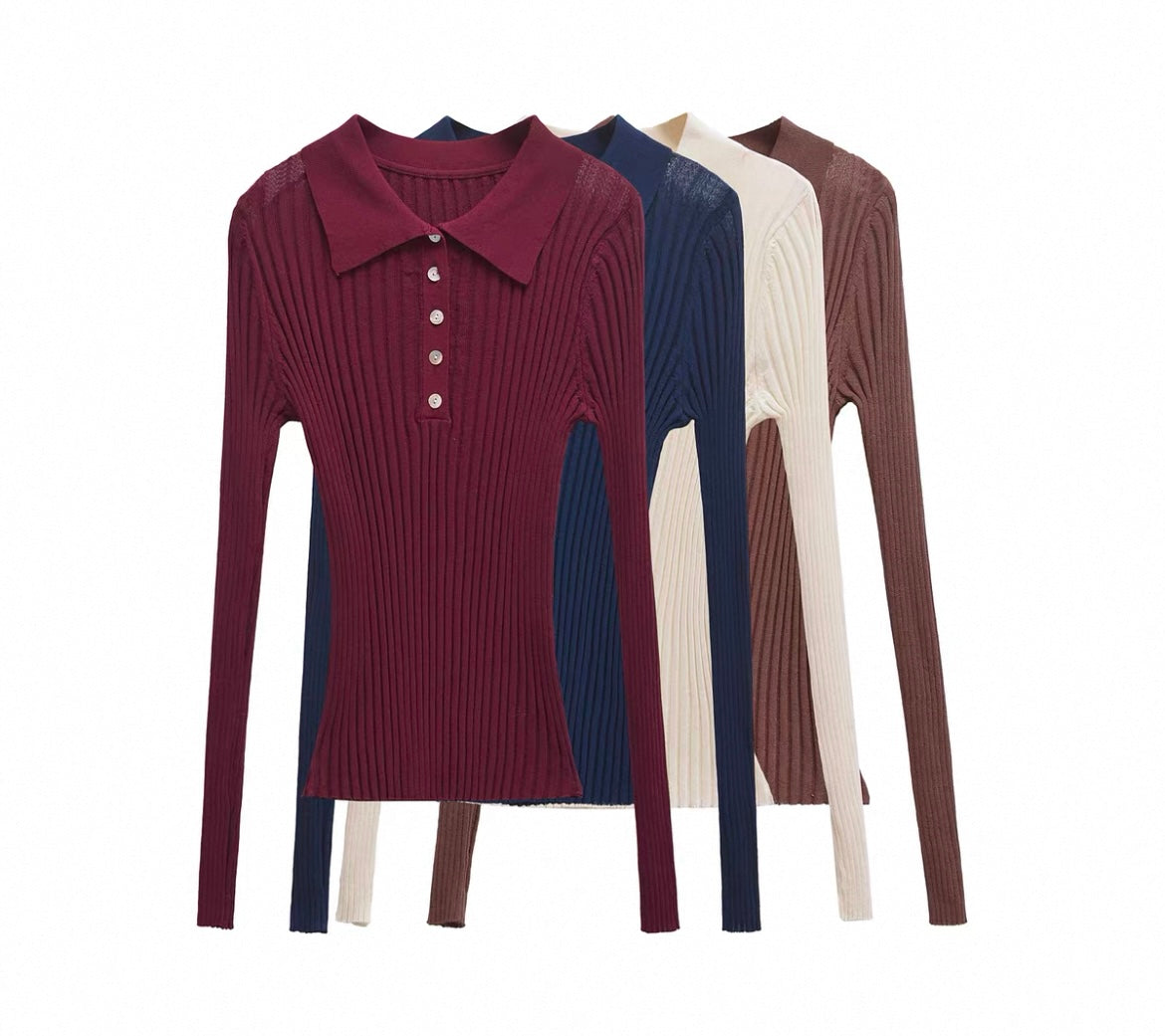 Dünner Strickpullover mit Polo Kragen für Frauen