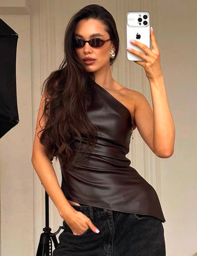 Drapiertes Kunstleder Oberteil in Dunkelbraun für Damen