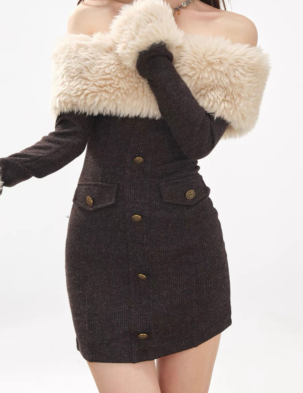 Schulterfreie Wollkleid mit Betontem Fell für Frauen