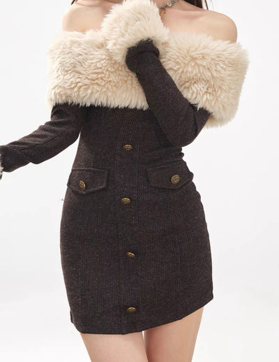 Schulterfreie Wollkleid mit Betontem Fell für Frauen