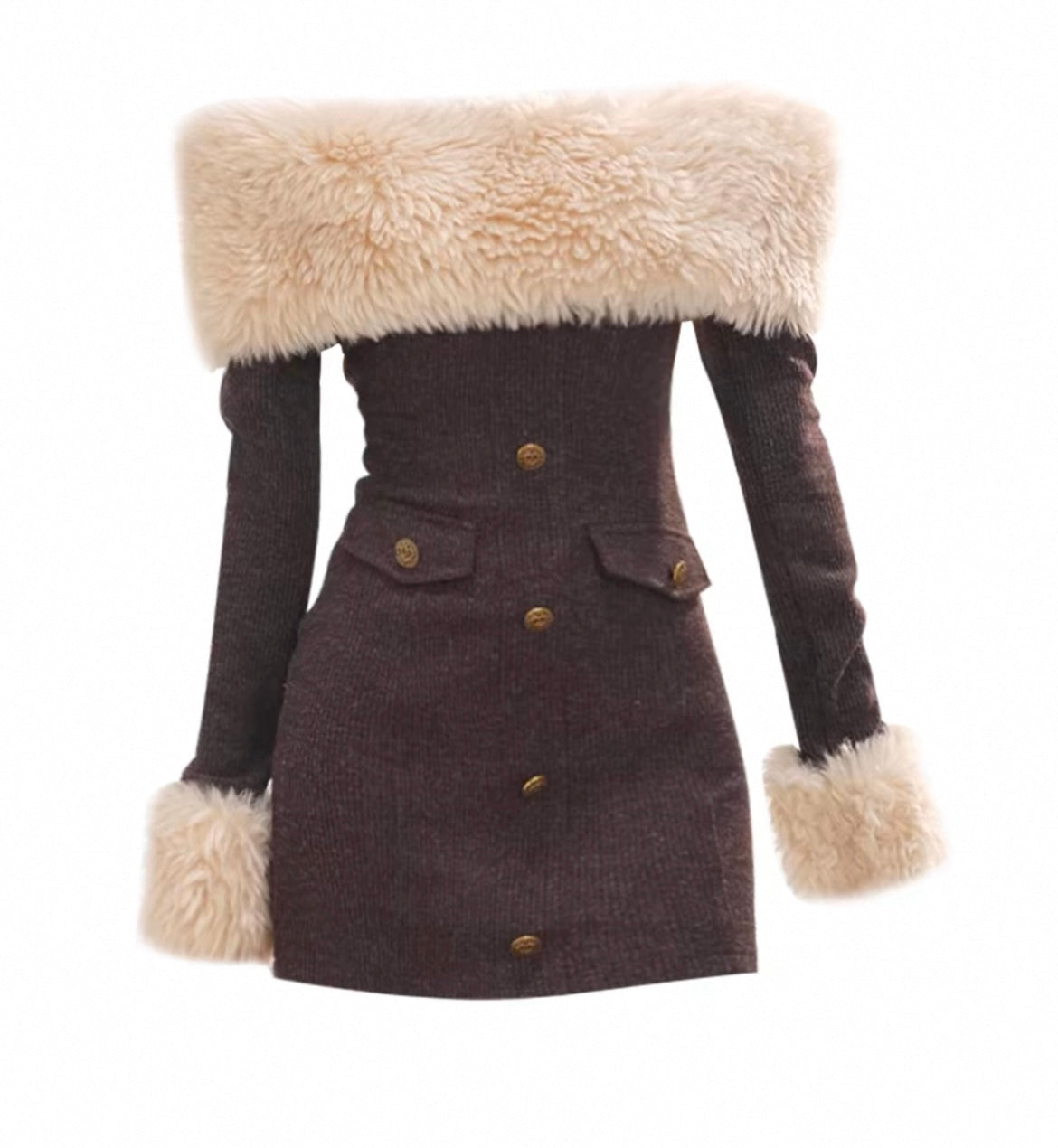 Schulterfreie Wollkleid mit Betontem Fell für Frauen