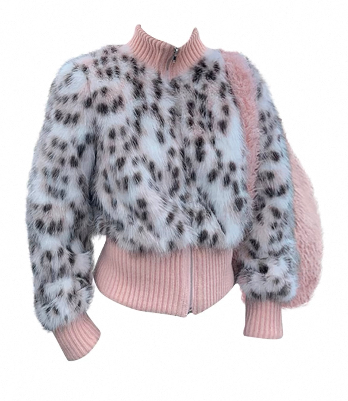 Strickjacke mit Rippenmuster und Leopardenfellbesatz für Frauen