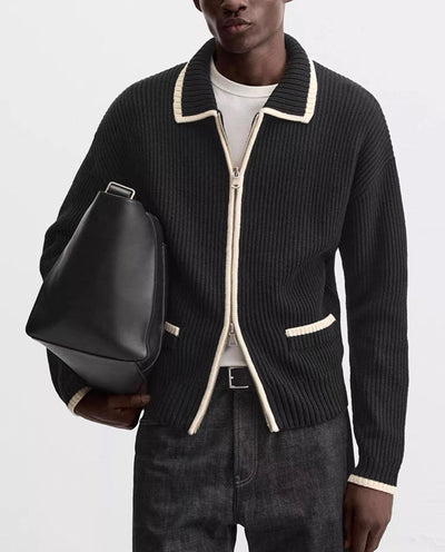 Schwarze elgante Strickjacke mit Rippenmuster und Reißverschluss für Herren