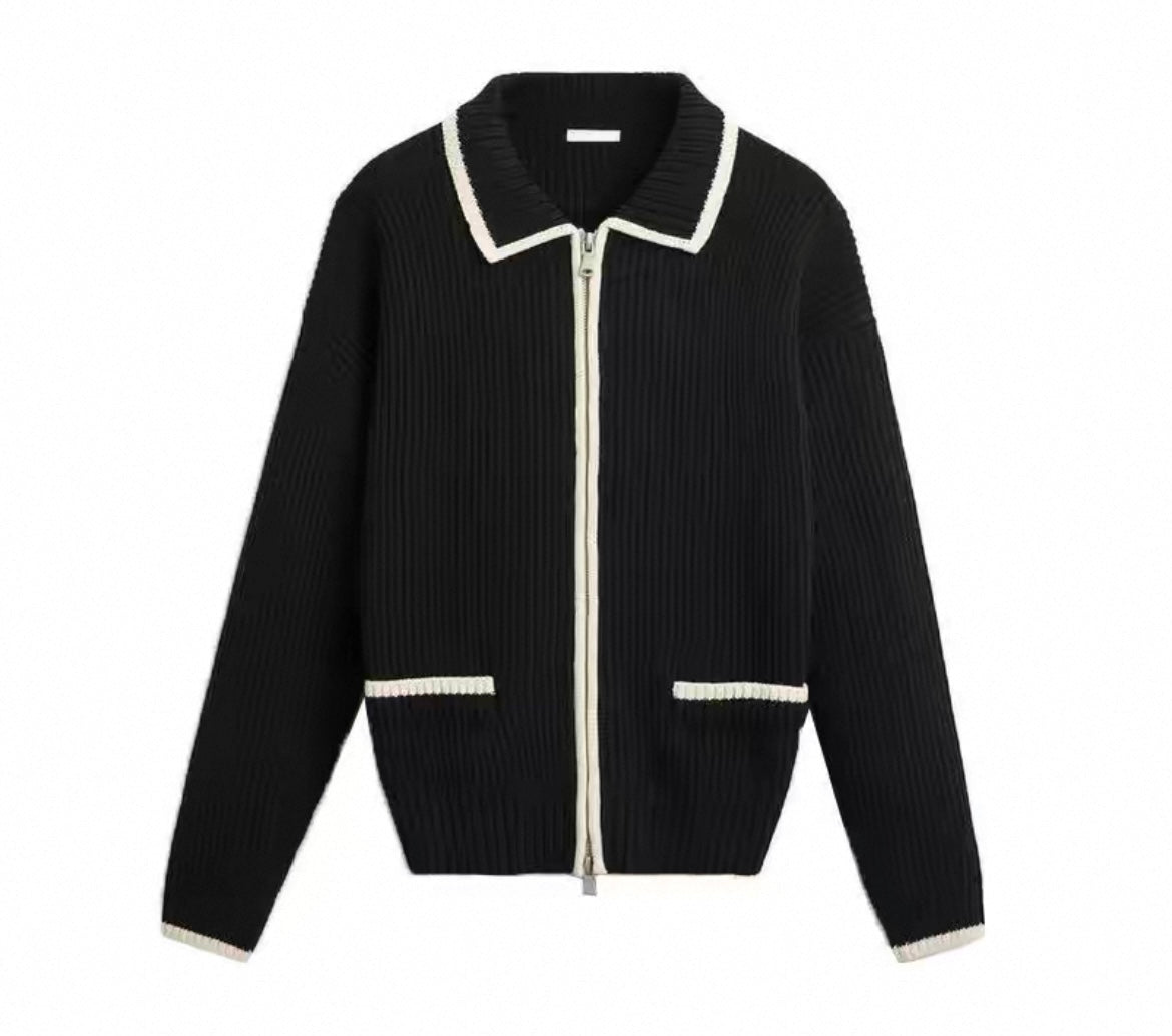 Schwarze elgante Strickjacke mit Rippenmuster und Reißverschluss für Herren
