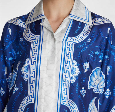 Blaues Elegantes Hemd aus Seide mit Mäander-Muster für Herren