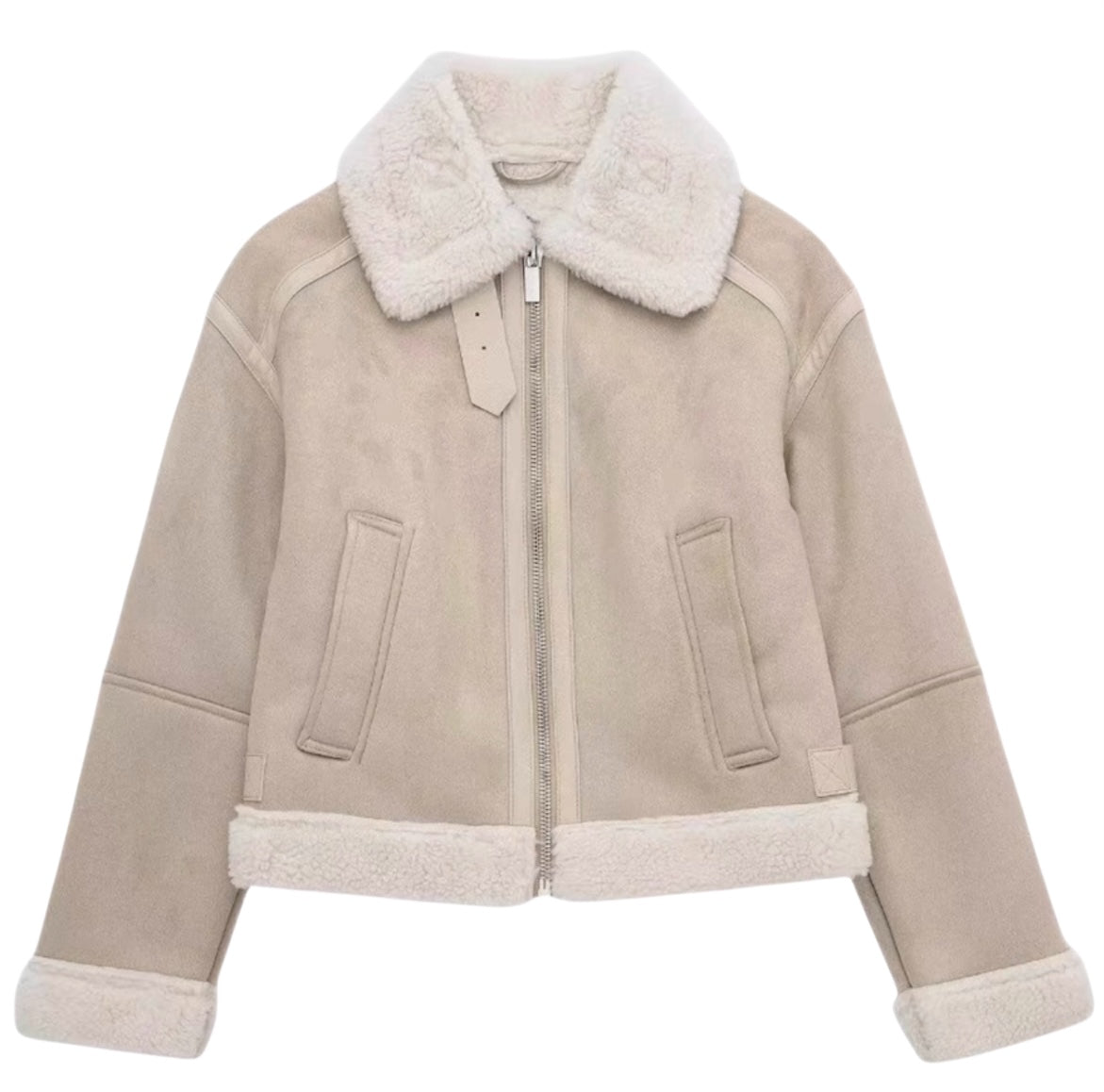 Beige Wildlederjacke mit Fellfutter für Frauen